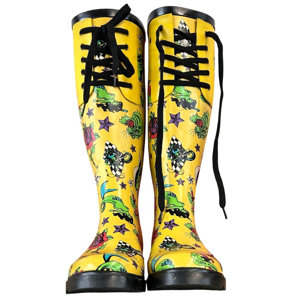 Betsey Johnson‎ x Mark Mahoney Tattoo Print Yellow Rain Boots 5 Baxter/Baxterr